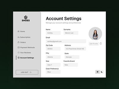 Account Settings Page account settings creativeprocess designinspiration designsystems digitalexperience figma productdesign prototyping settings page shoes store ui uidesign userinterface ux uxdesign webdesign