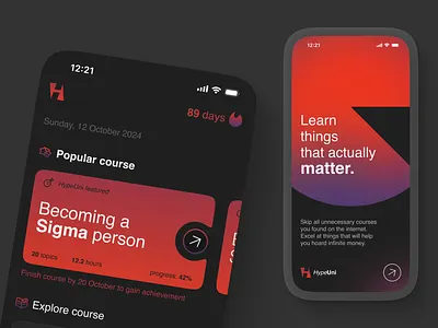 HypeUni: online course e-learning mobile app course dark design e learning gradient grid homepage iphone learn minimalism mobile noise onboarding sigma study swiss ui ux