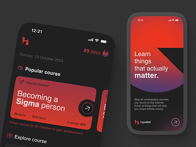 HypeUni: online course e-learning mobile app course dark design e learning gradient grid homepage iphone learn minimalism mobile noise onboarding sigma study swiss ui ux