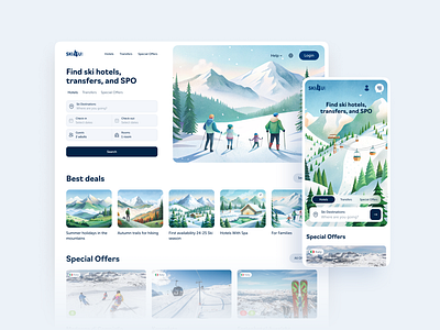 Winter Holiday booking platform aggregator platform booking platform design concept homepage illustration landing page ski ski resort booking transfer ui website concept website design winter holiday winter vacation