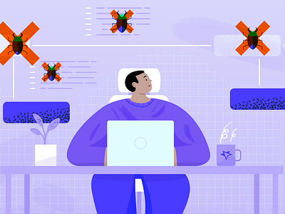 Platform Debugger app branding bug cyber security cybersecurity debug design flat icon illustration people purple safety table tech texture ui vector virus