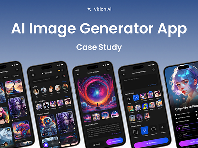 Vision AI -Ai Image Generator Mobile App UI UX Design Case Study ai ai image generator ai website art generator artificial intelligence case study chatgpt dark theme home page landing page machine learning midjourney mobile app ui mobile application open ai product design text to picture ui ux voice ai