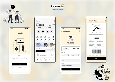 Financier App animation app app design bank black branding design figma finance graphic design icons illustration motion graphics receipt save sign in ui ux