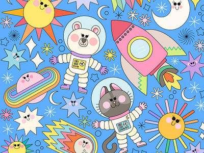 Chaotic Space 2d animal animals astronaut bear cat character design children cute design illustration illustrator kawaii kidlitart nature pattern space stars sun universe