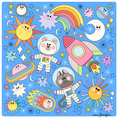 Chaotic Space 2d animal animals astronaut bear cat character design children cute design illustration illustrator kawaii kidlitart nature pattern space stars sun universe