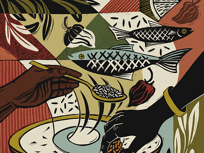 Senegal culture digital editorial folioart food illustration joanna lisowiec lino cut pattern print texture