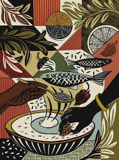 Senegal culture digital editorial folioart food illustration joanna lisowiec lino cut pattern print texture