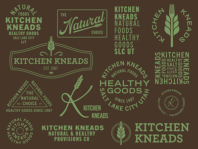 Kitchen Kneads Family of Marks badge brand brand development brand identity branding design food graphic design healthy illustration logo mark natural retail script symbol typography vector