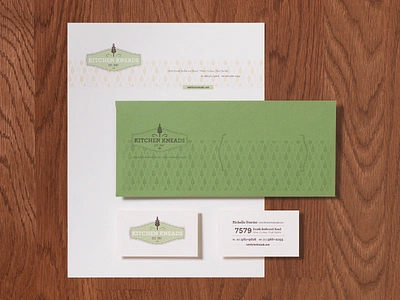 Kitchen Kneads Stationery brand brand development branding business card business papers crest design envelope graphic design green letterhead logo mark marketing materials pattern stationery symbol typography vector vintage