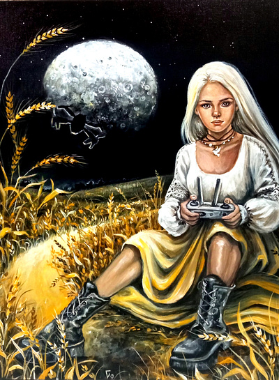 Original Acrylic Painting - Ukrainian Woman in Wheat Field, War art drone field hand painted handmade night paint painting portrait ukraine war woman