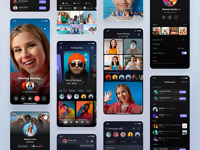 Youth-Social Media App Screens - Dark app chat chat details clean dark home screen live messenger notification profile social media uiux video calling video filter
