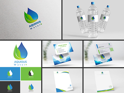 Branding - Aquous Water + adobe aquous bottle designing brand identity branding business card card designing color palette design graphic design graphic designer graphic designing illustration letterhead logo mineral water vector visiting card visual identity water brand