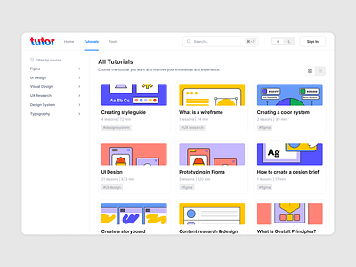 Tutorials page cards course daily dailyui design ecommerce filter graphic design lesons tutorial tutorial page ui uidesigner website