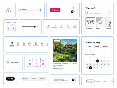 Airbnb Search and Filter Component Library accessible design airbnb card components card layout component library components design elements design library design system filter iconography information architecture interaction design mobile app search bar search destinations sliders tab bar toggle switch travel app