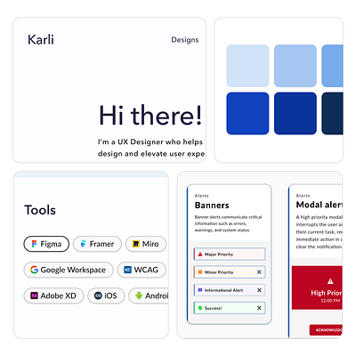 Portfolio Design Preview accessibility designer banner alerts blue color theme card components color scheme component chips design components design portfolio design preview design tools figma framer high priority iconography information architecture mobile app modal alerts portfolio design ux designer ux portfolio