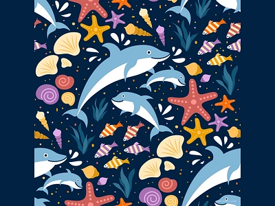 Sea Friends animals dolphin nature ocean pattern seashells star fish