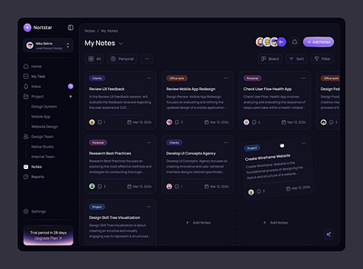 Nortstar - Notes Project Management Tools ai platform card darkmode dashboard design kanban minimalist notes notes project management productivity project project management remote working task task manager team ui ux web design website