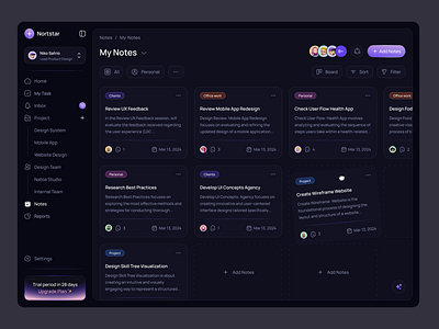 Nortstar - Notes Project Management Tools ai platform card darkmode dashboard design kanban minimalist notes notes project management productivity project project management remote working task task manager team ui ux web design website