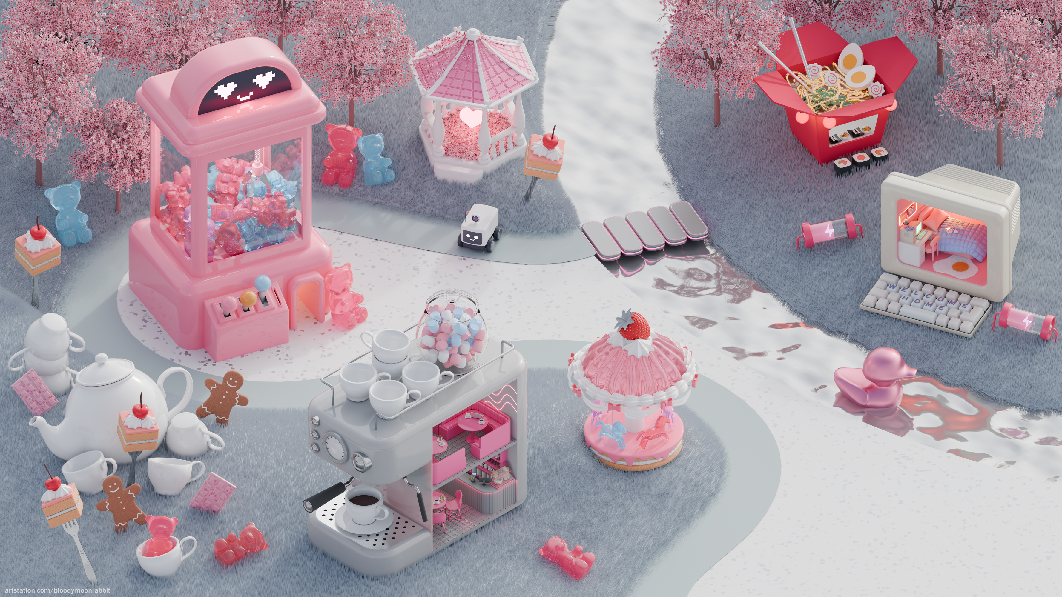 Cute 3D map (original concept) 3d carousel coffee concept art cute design fantasy game design game map gamedev heart houses illustration pc ramen sakura sweets visual development