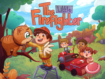 The Little Firefighter book cover cartoon character design childrens childrens book colorful cute design drawing family firefighter graphic design illustration kidlit kids pencil color pets storybook vibrant color whimsical