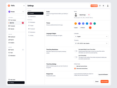 TikTik - Settings Page Dashboard clean dashboard design general setting interface menu minimalist navbar profile remote working setting setting dashboard settings page sidebar time tracker ui ux web website