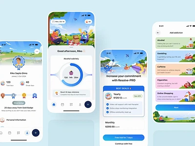 Resolve - Addiction Recovery App UI/UX Animation 📱 addiction animation app branding clean design habit health illustration mobile orely product recovery sobriety ui ux wellness