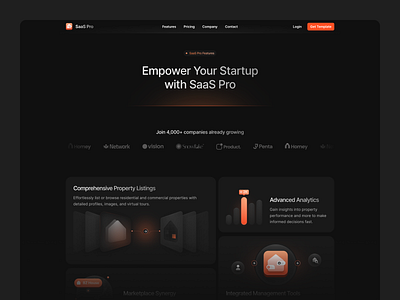 Saas Pro about page bento crypto dark mode dashboard finance framer gradient holding house investment landing page management marketing orange saas template ui website