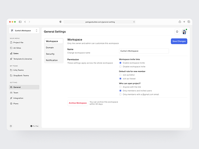 General Settings - Web Builder Dashboard access admin alert clean dashboard domain edit general settings landing page minimalist notification panel permission settings subscribe ui design web builder web design website design workspace