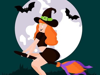 Witch bats dark halloween magic stick spooky witch