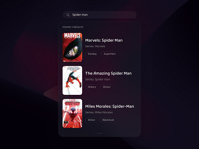 UI Search | Mobile App Design applicartion blur books catalog category comics design elements figma glassmorphism gui interface marvel search search bar search result toofan ui element ui kit ux design web design