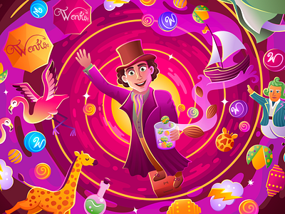 ''Wonka'' Poster 2d adventure animation candy character chocolate fantasy film flamingo gif giraffe girl illustration magic motion graphics oompa loompa poster sweets wonka