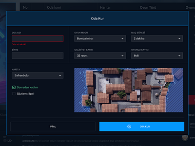 Desktop War Game - Room Creation Screen button complex dark desktop dropdown elements error form fps game gamification group map modal multiplayer radio room rpg technical war