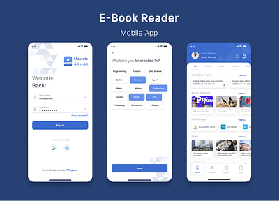 E-book reader mobile app blue mobile ui ux