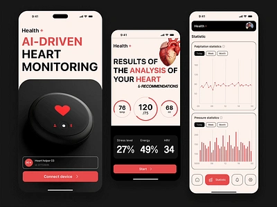 AI-driven Heart monitoring ai app design bluetooth charts connection device health health care healthtech heart iot mobileui monitoring tracking ui user interface