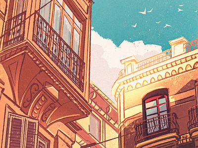 Málaga, Spain andalusia architecture background barcelona building cityscape digital painting expressive illustration madrid malaga retro spain spanish stately sunlight urban vintage warm windows