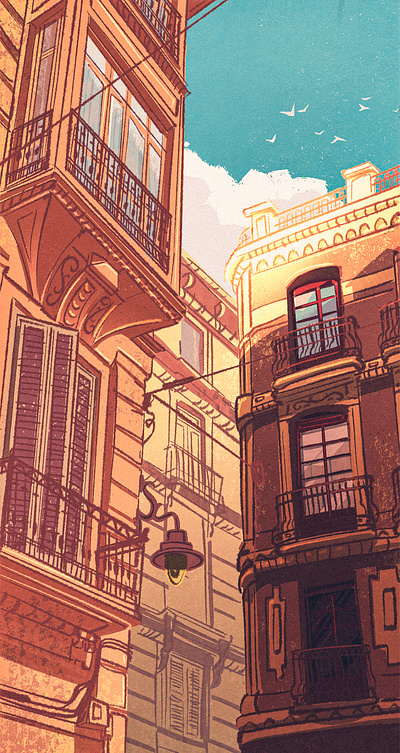 Málaga, Spain andalusia architecture background barcelona building cityscape digital painting expressive illustration madrid malaga retro spain spanish stately sunlight urban vintage warm windows