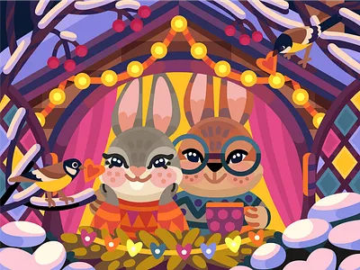 Cute rabbits color coloring book couple cozy cute digital art family illustration love rabbit warm window winter