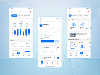 Healthcare Mobile App Design blood suger doctor fitness health healthcare healthcare app healthcare home page healthcare info healthcare profile page heathcare track page heathcare ui home page medicine mobile app mobile ui profile track ui design