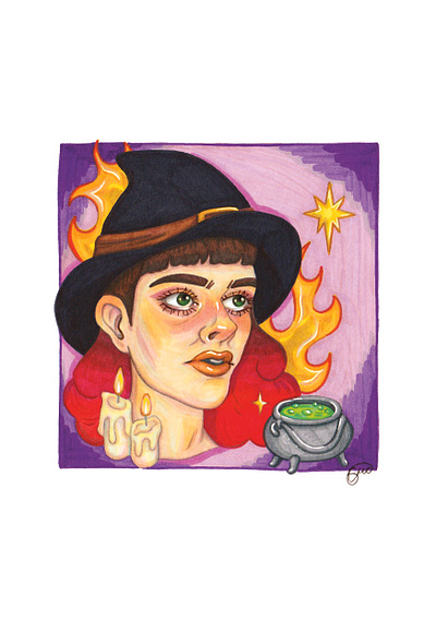 Fire Witch alcohol marker artwork character drawing editorial fairytale fantasy fineliner fire flames gel pen halloween hand drawn illustration ink magic portrait stars traditional art witch