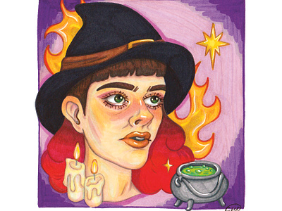 Fire Witch alcohol marker artwork character drawing editorial fairytale fantasy fineliner fire flames gel pen halloween hand drawn illustration ink magic portrait stars traditional art witch