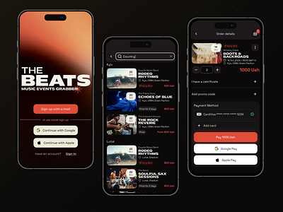 Music Events Mobile App Concept app cart checkout concert country music festival iphone mobile mobile app music payment purchase schedule search results sign in ticket