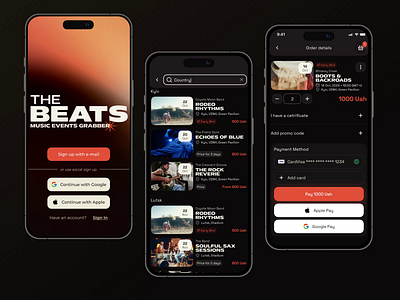 Music Events Mobile App Concept app cart checkout concert country music festival iphone mobile mobile app music payment purchase schedule search results sign in ticket