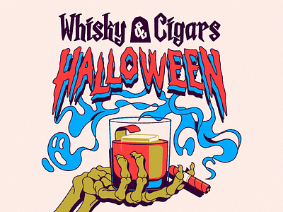 Whiskey & Cigars Halloween cocktail drink halloween horror illustration poster skeleton whiskey