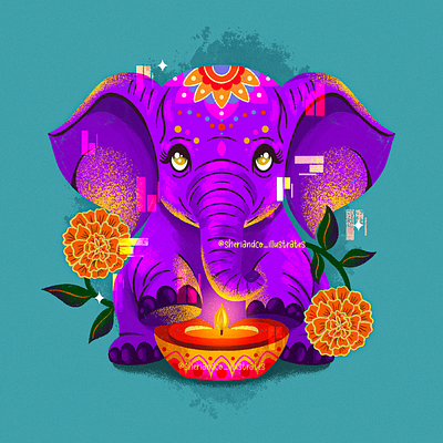 Love & Light: Diwali Elephant with Diya and Marigolds art artwork bright colorful deepavali digital art diwali diya elephant elephant god festival festival of light ganesh ganesha hindu illustration lamp light marigold tamil