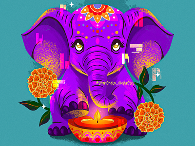 Love & Light: Diwali Elephant with Diya and Marigolds art artwork bright colorful deepavali digital art diwali diya elephant elephant god festival festival of light ganesh ganesha hindu illustration lamp light marigold tamil