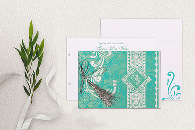 Turquoise Shimmery Screen Printed Wedding Card punjabi wedding card invitation