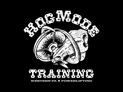 HogMode Skull Lockup black and white branding fitness graphic hardcore lockup logo merch old school plate powerlifting shirt skull stipple texture vintage