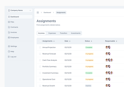 Finance Dashboard - Assignments assignments breadcrumb dashboard finance side panel table tags ui