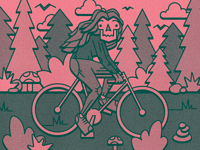 Ride of Die active bicycle bike biker dead duotone figma halloween hike illustration inktober mushroom nature pink skull trees vermont