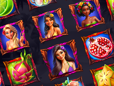 Tropical Bonanza (Casino Slot) 2d art animation beach girls casino casino games fruits game dasign game elements graphic design hawaii illustrations jungle ocean slot elements slot game tropical games ui ui design